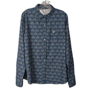 Cinch Women's LARGE Areanflex Shirt Geometric Floral Teal Button Down Western
